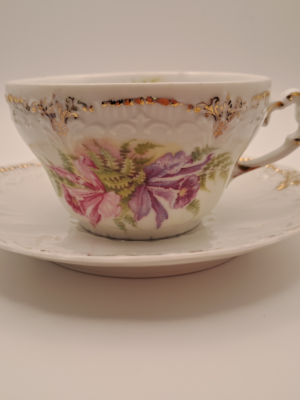 ​Antique Weimar Germany Porcelain Teacup Saucer Set Floral Orchid Gold Gilt Trim